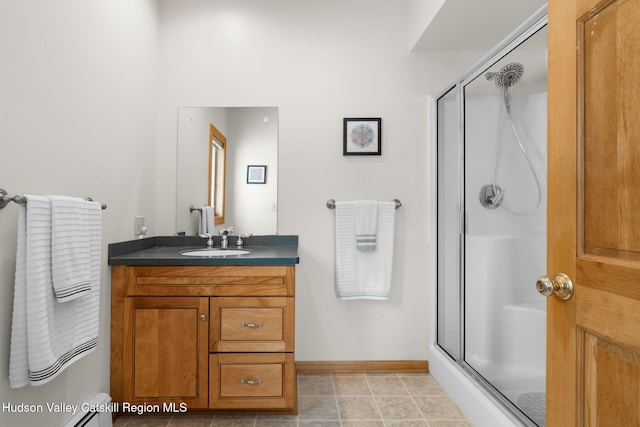 bathroom featuring vanity, tile patterned floors, and a shower with door