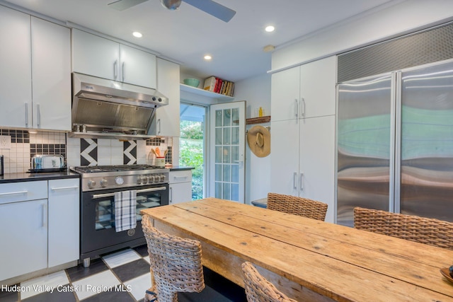 kitchen with backsplash, ventilation hood, premium appliances, white cabinetry, and a ceiling fan