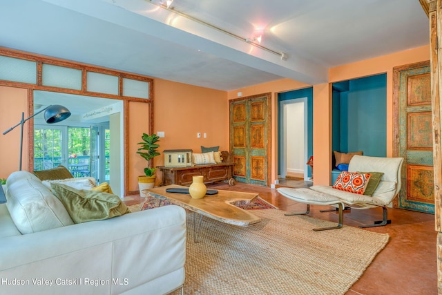 living room featuring rail lighting