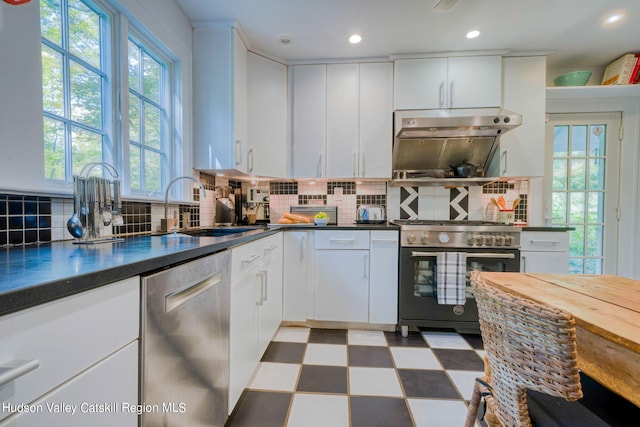 kitchen with tile patterned floors, under cabinet range hood, a sink, dark countertops, and stainless steel appliances