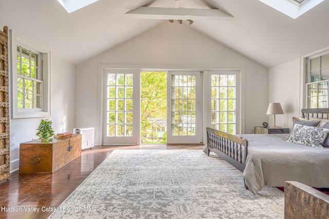 bedroom featuring multiple windows, access to exterior, and lofted ceiling with skylight