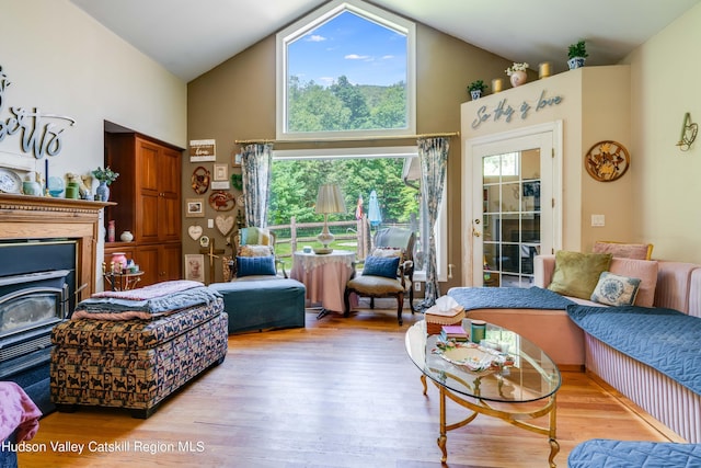 living room with a wood stove, high vaulted ceiling, and light hardwood / wood-style floors