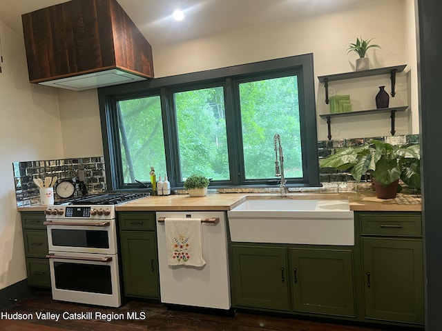 36 Rodney St, Kingston, NY 12401 - kitchen with green cabinetry, double oven range, wall chimney exhaust hood, dishwasher, and plenty of natural light