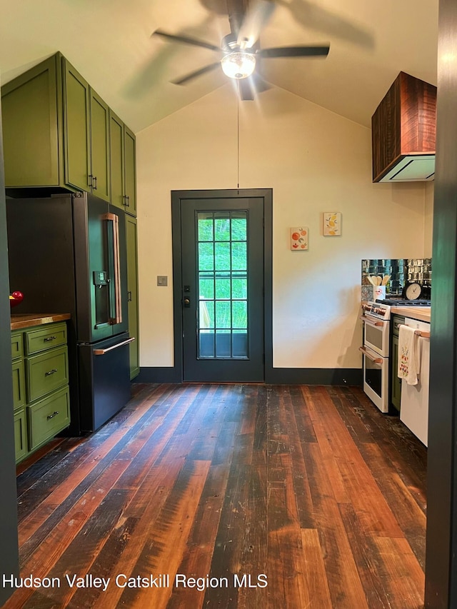 36 Rodney St, Kingston, NY 12401 - kitchen with green cabinets, fridge with ice dispenser, dark wood finished floors, a ceiling fan, and vaulted ceiling