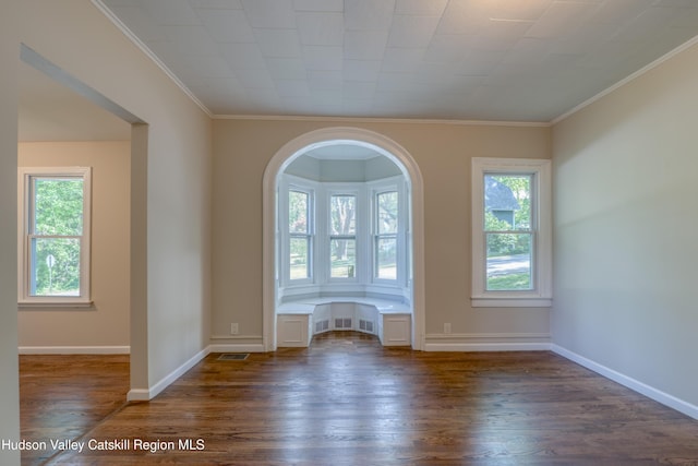 186 2nd St, Port Ewen, NY 12417 - unfurnished room with dark wood finished floors, plenty of natural light, arched walkways, and ornamental molding