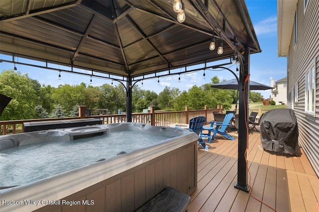 10 Sutton Ln, Goshen, NY 10924 - wooden deck featuring a hot tub, a gazebo, and grilling area