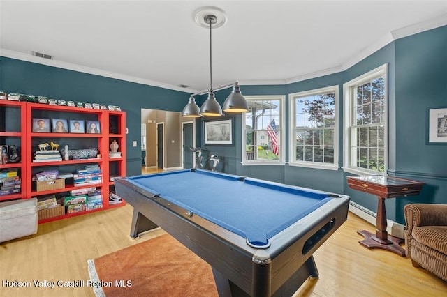 10 Sutton Ln, Goshen, NY 10924 - rec room featuring wood finished floors, ornamental molding, billiards table, and plenty of natural light