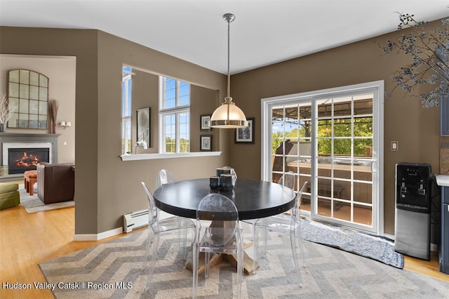 10 Sutton Ln, Goshen, NY 10924 - dining space featuring wood finished floors, a fireplace, and baseboard heating