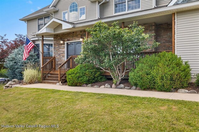 10 Sutton Ln, Goshen, NY 10924 - entrance to property with a lawn and stone siding