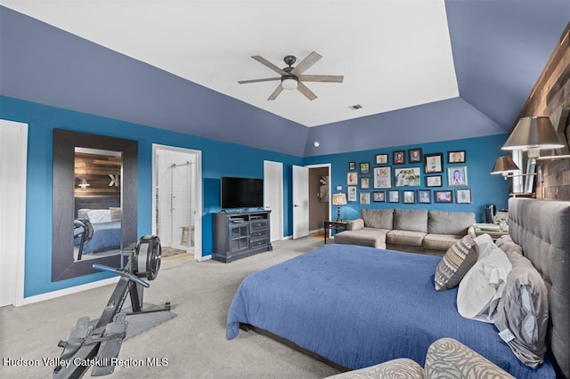 10 Sutton Ln, Goshen, NY 10924 - bedroom with lofted ceiling, carpet floors, and a ceiling fan