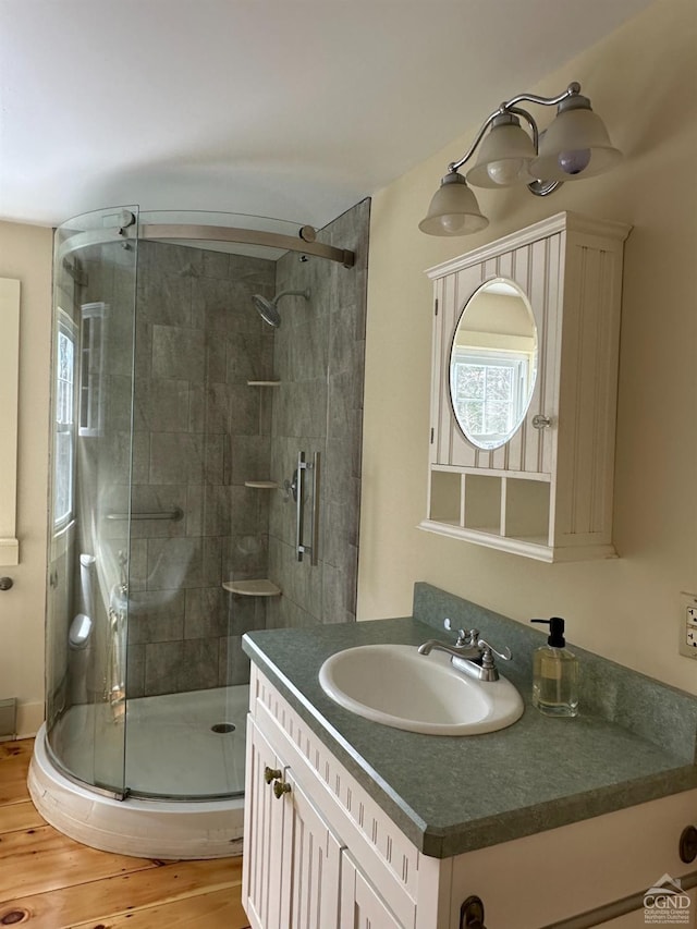 477 Fog Hill Rd, Austerlitz, NY 12017 - bathroom with a shower stall, wood finished floors, and vanity
