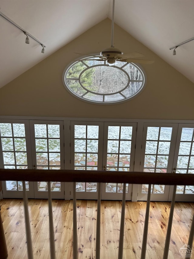 477 Fog Hill Rd, Austerlitz, NY 12017 - doorway to outside with rail lighting, french doors, a water view, ceiling fan, and high vaulted ceiling