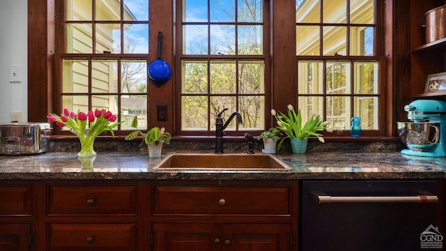 kitchen featuring a sink, dishwashing machine, and dark stone counters