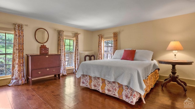 bedroom with hardwood / wood-style flooring, multiple windows, and radiator