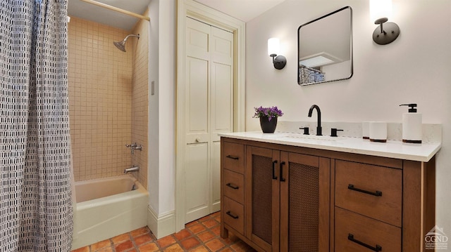 full bathroom with shower / bath combination with curtain and vanity