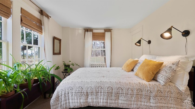 bedroom with multiple windows, radiator, and carpet floors