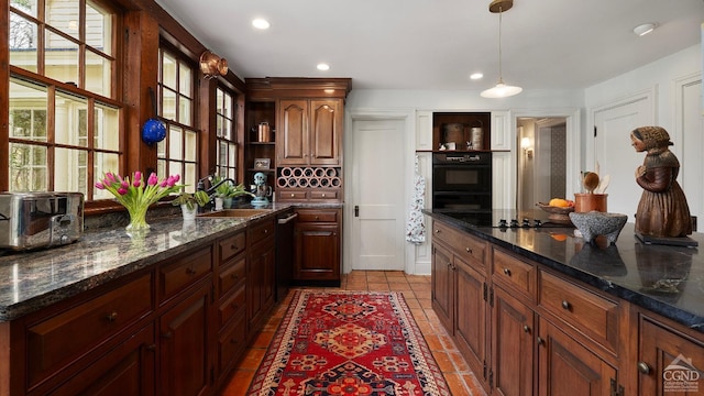 kitchen with a sink, open shelves, stainless steel dishwasher, pendant lighting, and recessed lighting