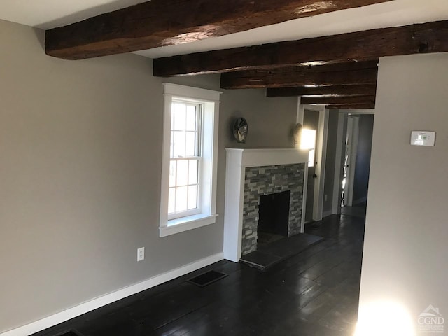 11293 Rte 32, Greenville, NY 12083 - unfurnished living room featuring beam ceiling, a stone fireplace, and dark wood-style floors