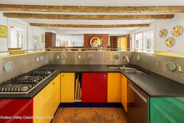 kitchen with beam ceiling, sink, and stainless steel appliances