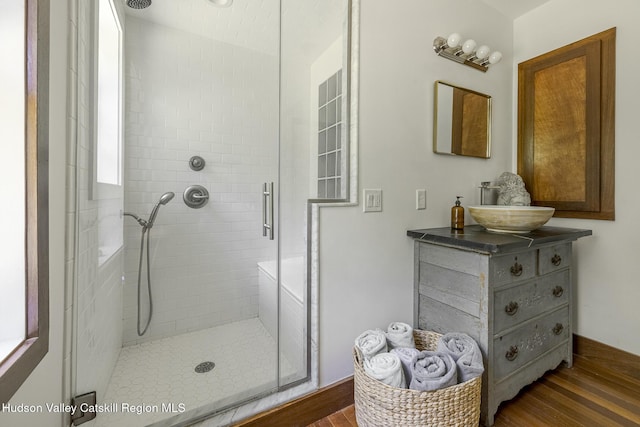 82 Near Rd, Red Hook, NY 12571 - full bathroom with a shower stall, vanity, and wood finished floors