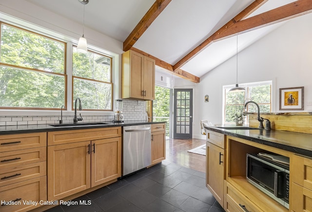 82 Near Rd, Red Hook, NY 12571 - kitchen featuring stainless steel appliances, a sink, dark countertops, beam ceiling, and high vaulted ceiling