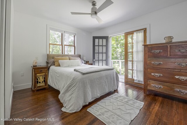 82 Near Rd, Red Hook, NY 12571 - bedroom featuring dark wood-type flooring, access to outside, ceiling fan, baseboards, and lofted ceiling