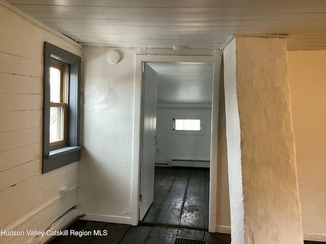 hall with wood ceiling and a baseboard radiator