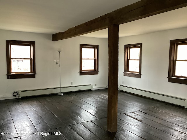 spare room with baseboard heating, dark hardwood / wood-style floors, and beamed ceiling