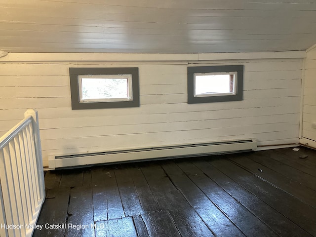 unfurnished room featuring dark hardwood / wood-style flooring, a wealth of natural light, a baseboard radiator, and wood walls