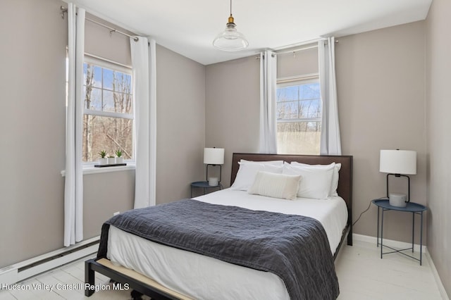 bedroom featuring baseboards and a baseboard heating unit