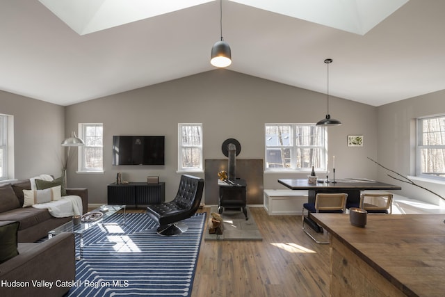 living room with a wood stove, vaulted ceiling, and wood finished floors