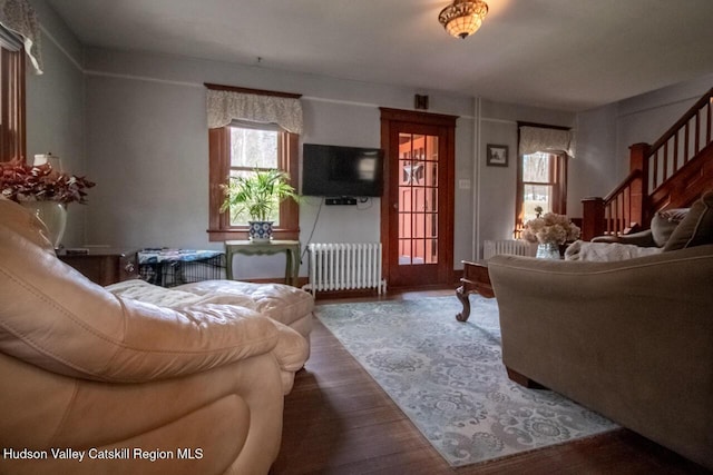 22 Hill St, Napanoch, NY 12458 - living area with radiator, healthy amount of natural light, and wood finished floors