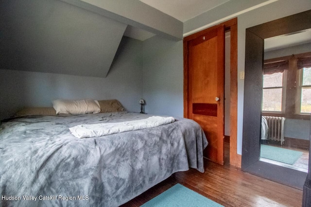 22 Hill St, Napanoch, NY 12458 - bedroom featuring radiator heating unit, wood finished floors, and lofted ceiling