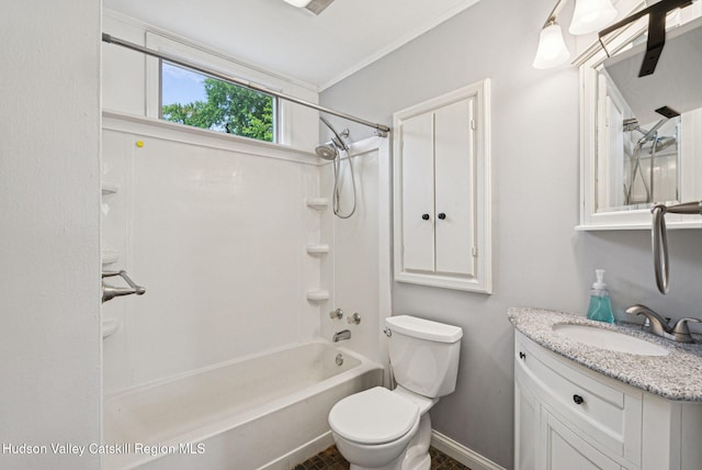6 Stevens Ct, Saugerties, NY 12477 - full bath featuring vanity, shower / washtub combination, toilet, baseboards, and crown molding