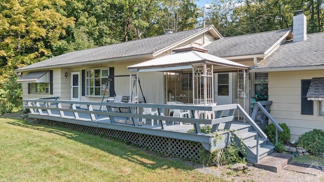 46 Fox Ln, Catskill, NY 12015 - back of house with a yard, a chimney, roof with shingles, a wooden deck, and a gazebo