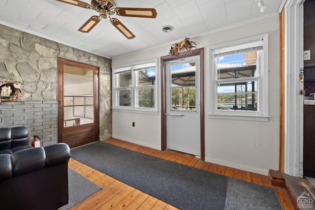 46 Fox Ln, Catskill, NY 12015 - entryway with a ceiling fan, hardwood / wood-style flooring, ornamental molding, and baseboards