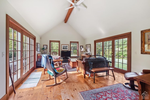 2205 County Route 5, Canaan, NY 12029 - living room featuring beamed ceiling, plenty of natural light, light wood-style floors, a ceiling fan, and high vaulted ceiling