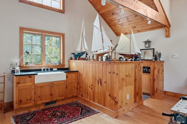 2205 County Route 5, Canaan, NY 12029 - interior space with light wood finished floors, track lighting, baseboards, beamed ceiling, and wood ceiling