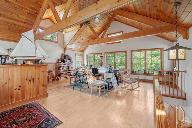 2205 County Route 5, Canaan, NY 12029 - dining space featuring beam ceiling, wood ceiling, wood-type flooring, and high vaulted ceiling