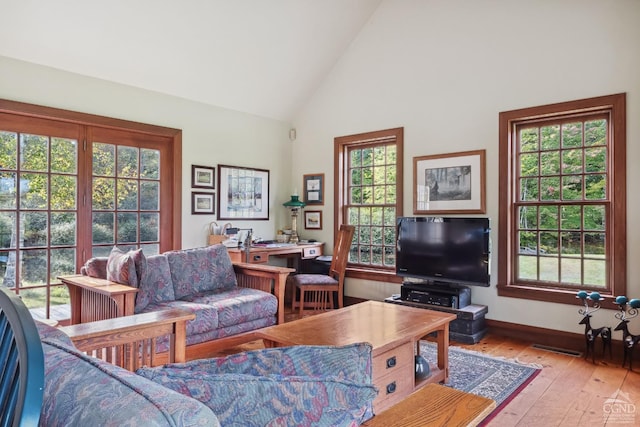 2205 County Route 5, Canaan, NY 12029 - living area featuring light wood finished floors, high vaulted ceiling, and baseboards