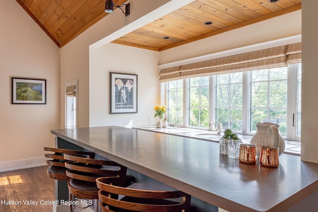 dining area featuring lofted ceiling, sink, wood ceiling, and wood-type flooring