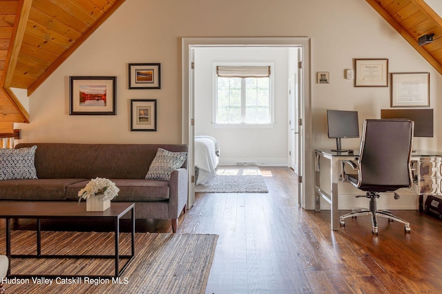 interior space with lofted ceiling, hardwood / wood-style floors, and wooden ceiling