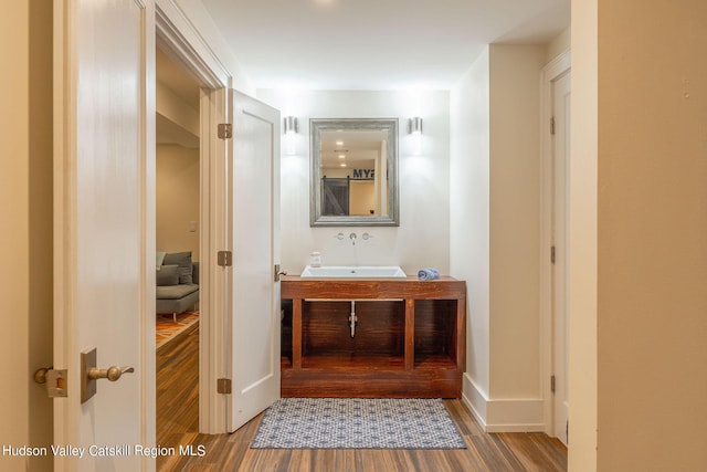 bathroom with vanity and hardwood / wood-style floors