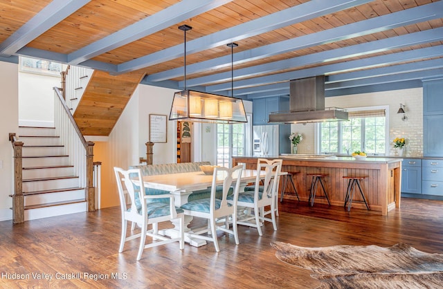 dining room with dark wood-type flooring, wooden ceiling, and beam ceiling