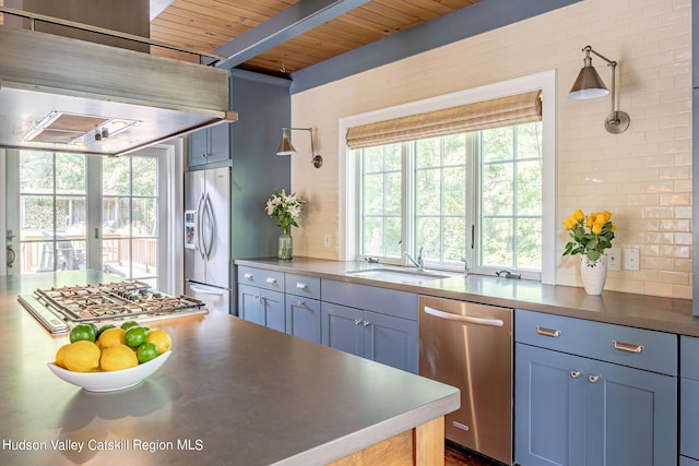 kitchen with sink, appliances with stainless steel finishes, island range hood, a wealth of natural light, and decorative light fixtures