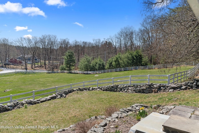 view of yard with fence, a rural view, and a view of trees