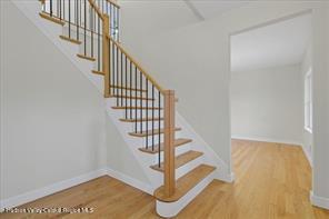 stairway with hardwood / wood-style floors