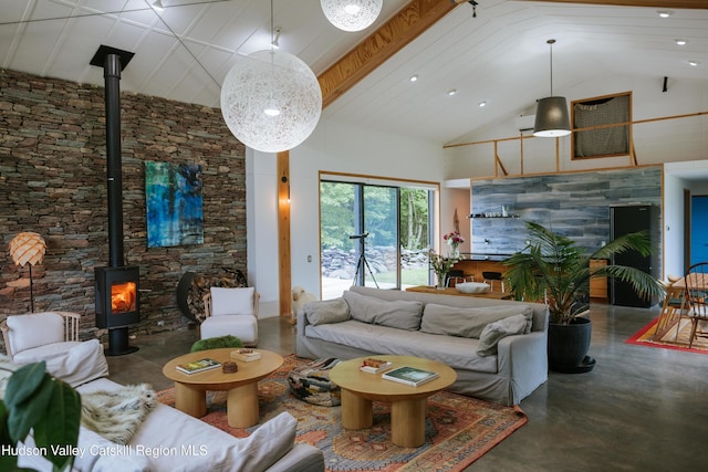 1199 W Highland Rd, Hobart, NY 13788 - living area with a wood stove, finished concrete floors, high vaulted ceiling, and recessed lighting