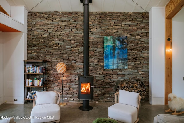 1199 W Highland Rd, Hobart, NY 13788 - living area featuring a wood stove and finished concrete floors