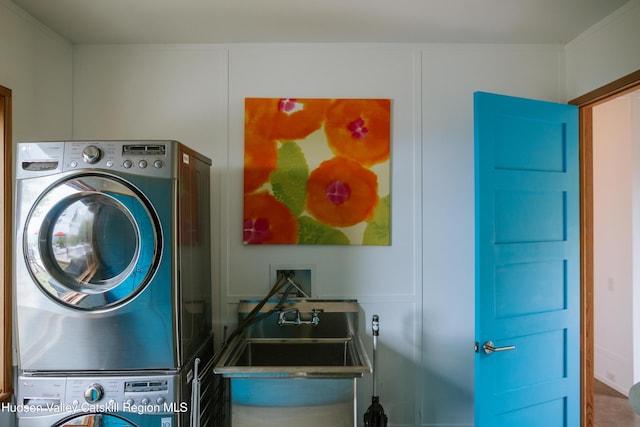 1199 W Highland Rd, Hobart, NY 13788 - laundry area with stacked washer / drying machine and a sink